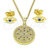 Juego de Arete y Dije de Adulto 10.156.0397.2 Oro Laminado, Diseño de Ojo Griego, con Zafiro Azul and Blanca Micro Pave, Pulido, Tono Dorado