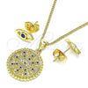 Juego de Arete y Dije de Adulto 10.156.0397.2 Oro Laminado, Diseño de Ojo Griego, con Zafiro Azul and Blanca Micro Pave, Pulido, Tono Dorado