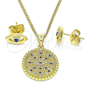 Juego de Arete y Dije de Adulto 10.156.0397.2 Oro Laminado, Diseño de Ojo Griego, con Zafiro Azul and Blanca Micro Pave, Pulido, Tono Dorado