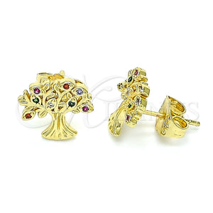 Arete Dormilona 02.156.0607 Oro Laminado, Diseño de Ãrbol, con Multicolor Micro Pave, Pulido, Tono Dorado
