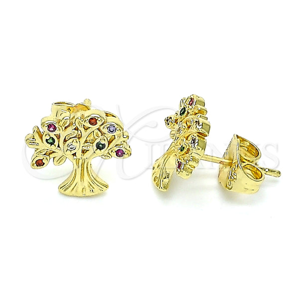 Arete Dormilona 02.156.0607 Oro Laminado, Diseño de Ãrbol, con Multicolor Micro Pave, Pulido, Tono Dorado