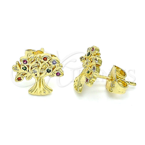 Arete Dormilona 02.156.0607 Oro Laminado, Diseño de Ãrbol, con Multicolor Micro Pave, Pulido, Tono Dorado