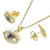 Juego de Arete y Dije de Adulto 10.156.0400 Oro Laminado, Diseño de Ojo Griego, con Zafiro Azul Zirconia Cubica and Multicolor Micro Pave, Pulido, Tono Dorado