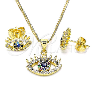 Juego de Arete y Dije de Adulto 10.156.0400 Oro Laminado, Diseño de Ojo Griego, con Zafiro Azul Zirconia Cubica and Multicolor Micro Pave, Pulido, Tono Dorado