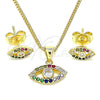 Juego de Arete y Dije de Adulto 10.156.0401 Oro Laminado, Diseño de Ojo Griego, con Blanca Zirconia Cubica and Multicolor Micro Pave, Pulido, Tono Dorado