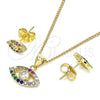 Juego de Arete y Dije de Adulto 10.156.0401 Oro Laminado, Diseño de Ojo Griego, con Blanca Zirconia Cubica and Multicolor Micro Pave, Pulido, Tono Dorado
