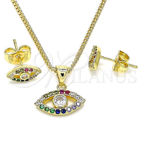 Juego de Arete y Dije de Adulto 10.156.0401 Oro Laminado, Diseño de Ojo Griego, con Blanca Zirconia Cubica and Multicolor Micro Pave, Pulido, Tono Dorado