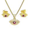 Juego de Arete y Dije de Adulto 10.156.0402 Oro Laminado, Diseño de Ojo Griego, con Rubi Zirconia Cubica, Pulido, Tono Dorado