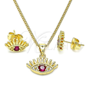 Juego de Arete y Dije de Adulto 10.156.0402 Oro Laminado, Diseño de Ojo Griego, con Rubi Zirconia Cubica, Pulido, Tono Dorado