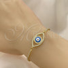 Pulsera Bolo Ajustable 03.381.0032.11 Oro Laminado, Diseño de Ojo Griego, con Blanca Micro Pave and Blanca Zirconia Cubica, Esmaltado Azul claro, Tono Dorado (01 MM Thickness, 11 Inches Length)