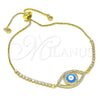 Pulsera Bolo Ajustable 03.381.0032.11 Oro Laminado, Diseño de Ojo Griego, con Blanca Micro Pave and Blanca Zirconia Cubica, Esmaltado Azul claro, Tono Dorado (01 MM Thickness, 11 Inches Length)