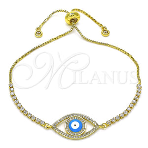 Pulsera Bolo Ajustable 03.381.0032.11 Oro Laminado, Diseño de Ojo Griego, con Blanca Micro Pave and Blanca Zirconia Cubica, Esmaltado Azul claro, Tono Dorado (01 MM Thickness, 11 Inches Length)