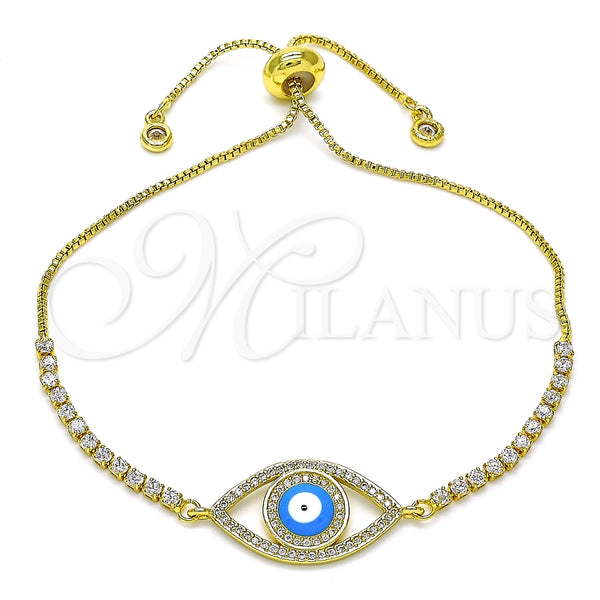 Pulsera Bolo Ajustable 03.381.0032.11 Oro Laminado, Diseño de Ojo Griego, con Blanca Micro Pave and Blanca Zirconia Cubica, Esmaltado Azul claro, Tono Dorado (01 MM Thickness, 11 Inches Length)