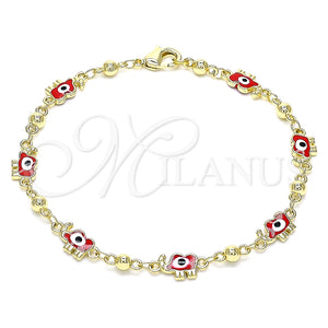 Pulsera Elegante 03.213.0141.08 Oro Laminado, Diseño de Elefante y Ojo Griego, Esmaltado Rojo, Tono Dorado (06 MM Thickness, 8 Inches Length)