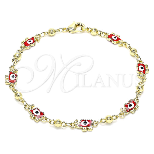 Pulsera Elegante 03.213.0141.08 Oro Laminado, Diseño de Elefante y Ojo Griego, Esmaltado Rojo, Tono Dorado (06 MM Thickness, 8 Inches Length)