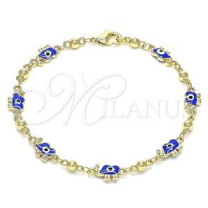 Pulsera Elegante 03.213.0141.1.08 Oro Laminado, Diseño de Elefante y Ojo Griego, Esmaltado Azul, Tono Dorado (06 MM Thickness, 8 Inches Length)