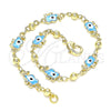 Pulsera Elegante 03.213.0141.2.08 Oro Laminado, Diseño de Elefante y Ojo Griego, Esmaltado Azul claro, Tono Dorado (06 MM Thickness, 8 Inches Length)