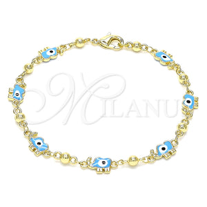 Pulsera Elegante 03.213.0141.2.08 Oro Laminado, Diseño de Elefante y Ojo Griego, Esmaltado Azul claro, Tono Dorado (06 MM Thickness, 8 Inches Length)
