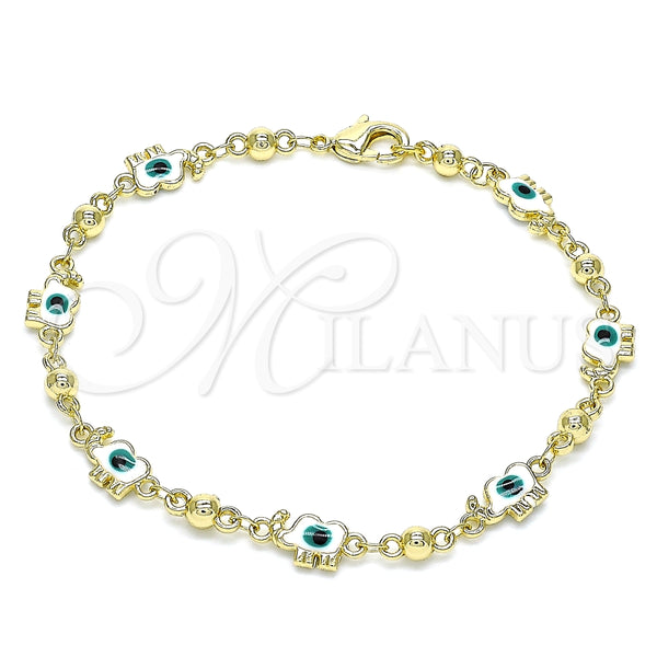 Pulsera Elegante 03.213.0141.3.08 Oro Laminado, Diseño de Elefante y Ojo Griego, Esmaltado Blanco, Tono Dorado (06 MM Thickness, 8 Inches Length)