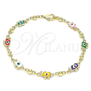 Pulsera Elegante 03.213.0141.4.08 Oro Laminado, Diseño de Elefante y Ojo Griego, Esmaltado Multicolor, Tono Dorado (06 MM Thickness, 8 Inches Length)