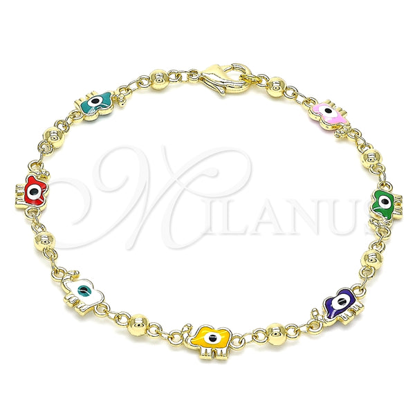 Pulsera Elegante 03.213.0141.4.08 Oro Laminado, Diseño de Elefante y Ojo Griego, Esmaltado Multicolor, Tono Dorado (06 MM Thickness, 8 Inches Length)