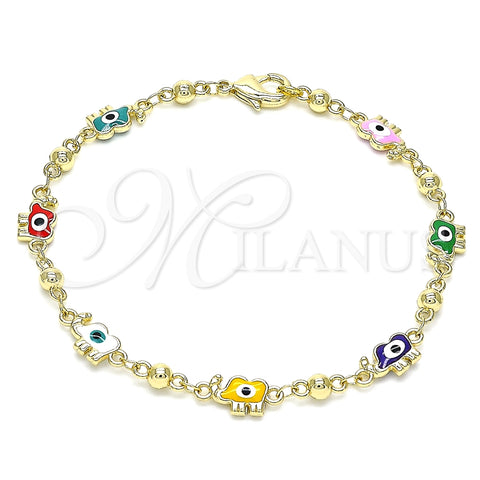 Pulsera Elegante 03.213.0141.4.08 Oro Laminado, Diseño de Elefante y Ojo Griego, Esmaltado Multicolor, Tono Dorado (06 MM Thickness, 8 Inches Length)