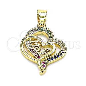 Dije Elegante 05.102.0024 Oro Laminado, Diseño de Mama y Corazón, con Multicolor Micro Pave, Pulido, Tono Dorado