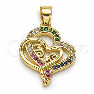 Dije Elegante 05.102.0024 Oro Laminado, Diseño de Mama y Corazón, con Multicolor Micro Pave, Pulido, Tono Dorado
