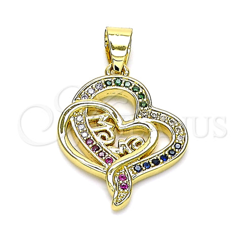 Dije Elegante 05.102.0024 Oro Laminado, Diseño de Mama y Corazón, con Multicolor Micro Pave, Pulido, Tono Dorado