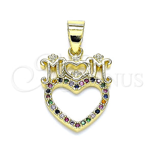 Dije Elegante 05.102.0028 Oro Laminado, Diseño de Mama y Corazón, con Multicolor Micro Pave, Pulido, Tono Dorado