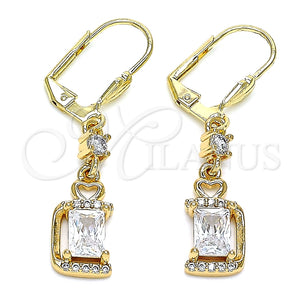 Arete Largo 02.213.0317 Oro Laminado, Diseño de Corazón, con Blanca Zirconia Cubica and Blanca Micro Pave, Pulido, Tono Dorado