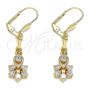 Arete Largo 02.213.0318 Oro Laminado, Diseño de Gota y Flor, con Blanca Zirconia Cubica, Pulido, Tono Dorado