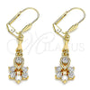 Arete Largo 02.213.0318 Oro Laminado, Diseño de Gota y Flor, con Blanca Zirconia Cubica, Pulido, Tono Dorado
