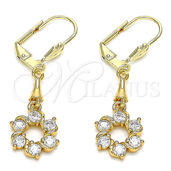 Arete Largo 02.213.0329 Oro Laminado, Diseño de Flor, con Blanca Zirconia Cubica, Pulido, Tono Dorado