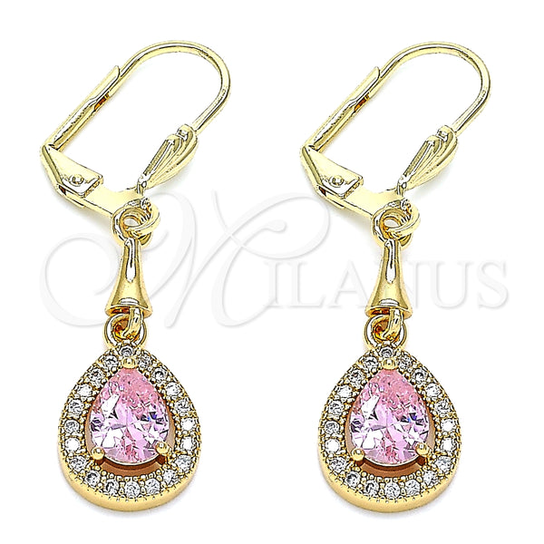 Arete Largo 02.213.0334.1 Oro Laminado, Diseño de Gota, con Rosado Zirconia Cubica and Blanca Micro Pave, Pulido, Tono Dorado