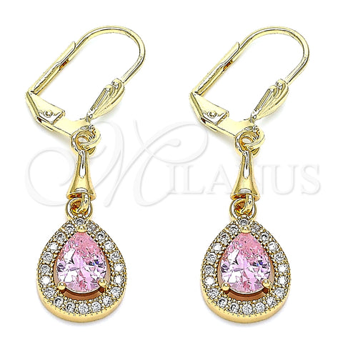 Arete Largo 02.213.0334.1 Oro Laminado, Diseño de Gota, con Rosado Zirconia Cubica and Blanca Micro Pave, Pulido, Tono Dorado