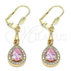 Arete Largo 02.213.0334.1 Oro Laminado, Diseño de Gota, con Rosado Zirconia Cubica and Blanca Micro Pave, Pulido, Tono Dorado