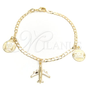 Pulsera de Dije 03.58.0064.07 Oro Laminado, Diseño de Miami Cubana y Corazón, Pulido, Tono Dorado (0.80 Gauge, 03 MM Thickness, 7 Inches Length)