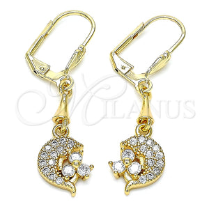 Arete Largo 02.213.0346 Oro Laminado, Diseño de Delfín, con Blanca Zirconia Cubica and Blanca Micro Pave, Pulido, Tono Dorado