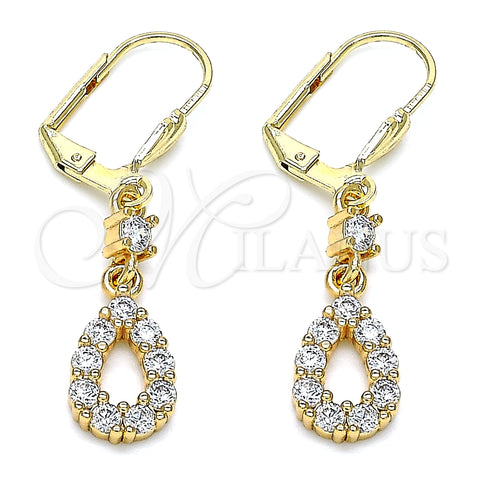 Arete Largo 02.213.0347 Oro Laminado, Diseño de Gota, con Blanca Zirconia Cubica, Pulido, Tono Dorado