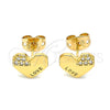Arete Dormilona 02.213.0348 Oro Laminado, Diseño de Corazón y Amor, con Blanca Micro Pave, Pulido, Tono Dorado