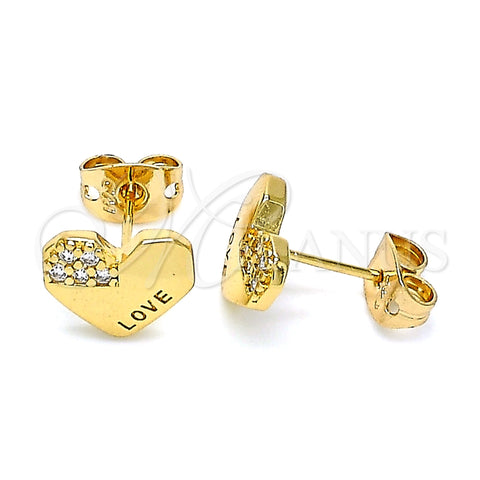 Arete Dormilona 02.213.0348 Oro Laminado, Diseño de Corazón y Amor, con Blanca Micro Pave, Pulido, Tono Dorado