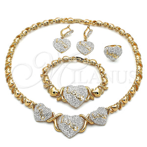 Collar, Pulsera, Dije y Anillo 06.380.0003 Oro Laminado, Diseño de Besos y Abrazos y Amor, con Blanca Cristal, Esmaltado Blanco, Tono Dorado