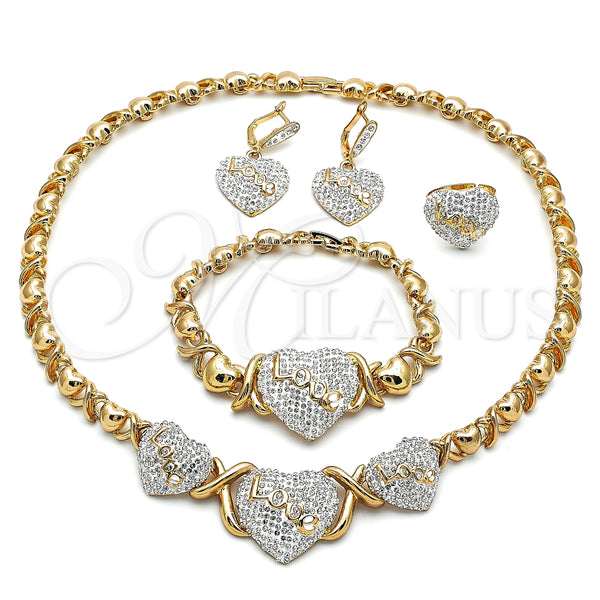 Collar, Pulsera, Dije y Anillo 06.380.0003 Oro Laminado, Diseño de Besos y Abrazos y Amor, con Blanca Cristal, Esmaltado Blanco, Tono Dorado