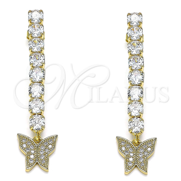 Arete Largo 02.283.0033 Oro Laminado, Diseño de Mariposa, con Blanca Zirconia Cubica and Blanca Micro Pave, Pulido, Tono Dorado