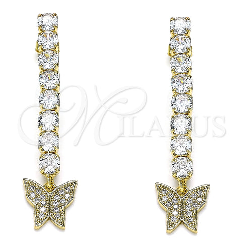 Arete Largo 02.283.0033 Oro Laminado, Diseño de Mariposa, con Blanca Zirconia Cubica and Blanca Micro Pave, Pulido, Tono Dorado