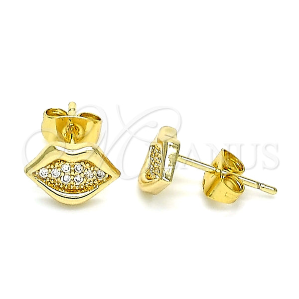 Arete Dormilona 02.344.0105 Oro Laminado, Diseño de Labios, con Blanca Micro Pave, Pulido, Tono Dorado