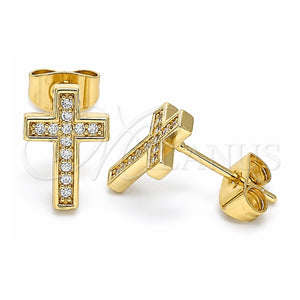 Arete Dormilona 02.344.0113 Oro Laminado, Diseño de Cruz, con Micro Pave Blanca, Pulido, Tono Dorado