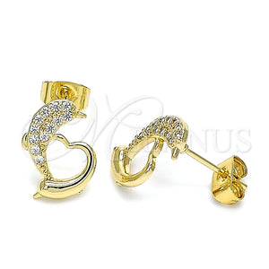 Arete Dormilona 02.344.0120 Oro Laminado, Diseño de Delfín y Corazón, con Blanca Micro Pave, Pulido, Tono Dorado