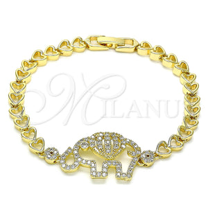 Pulsera Básica 03.283.0040.07 Oro Laminado, Diseño de Elefante y Corazón, con Micro Pave Blanca, Pulido, Tono Dorado (Grosor 06 MM, 7 Pulgadas de Largo)